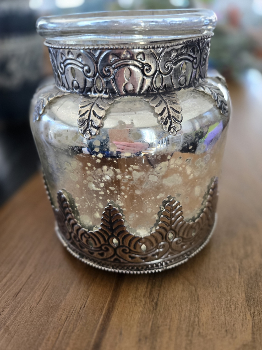Pottery Barn Silver Mercury Glass Jar with Ornate Metal Accents